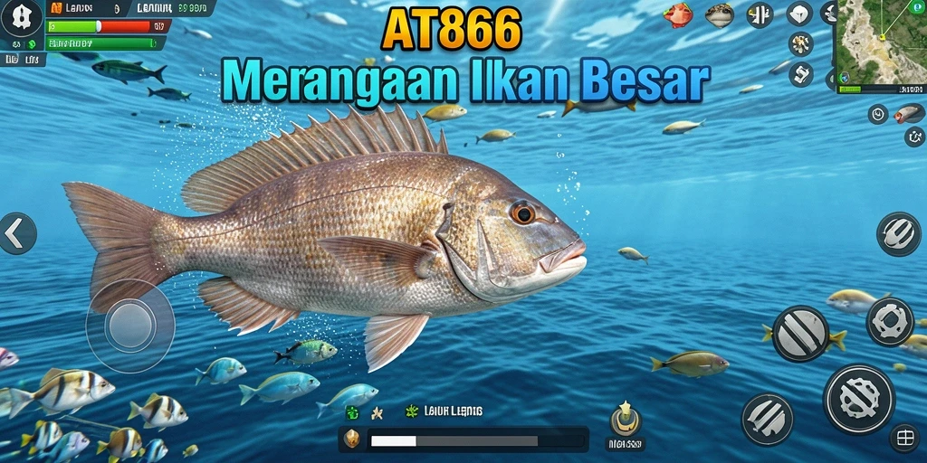 Screenshot utama AT866 menampilkan aksi seru memancing ikan besar.