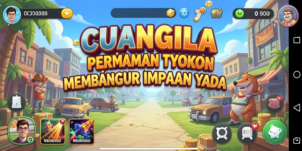 Screenshot gameplay CUANGILA menampilkan pembangunan kota dan strategi bisnis.