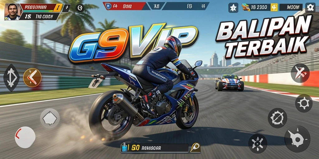 Screenshot utama G9VIP menampilkan balapan motor yang mendebarkan.