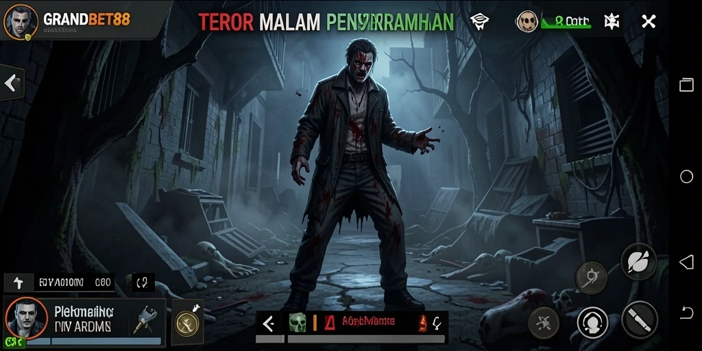 Screenshot gameplay <strong>GRANDBET88</strong> saat menghadapi hantu di tempat angker.